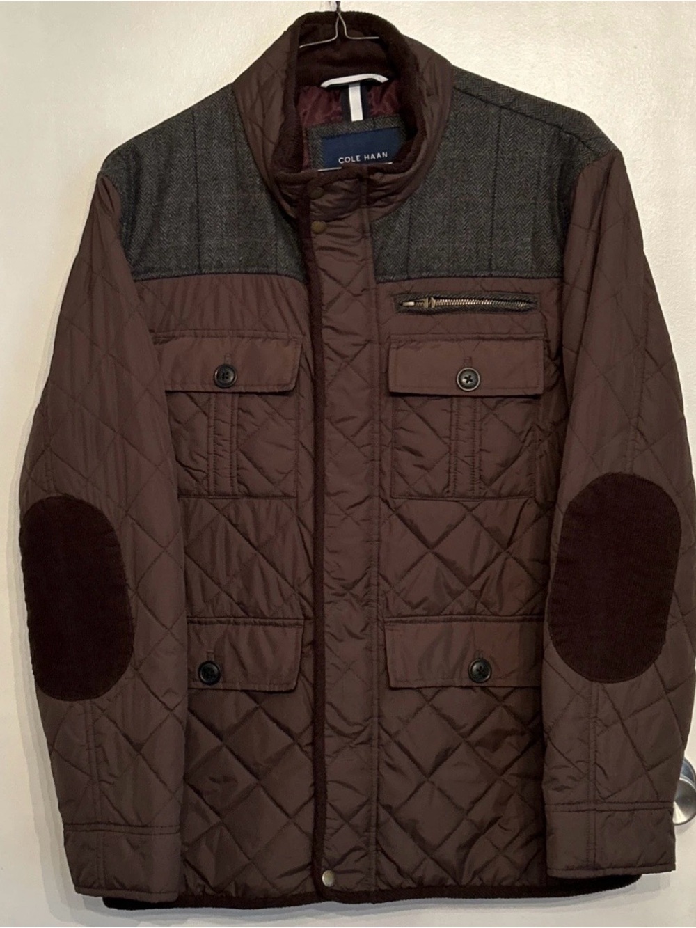 Cole Haan Mens Mixed Media Quilted Jacket Brown w Gray Plaid Flannel Large
